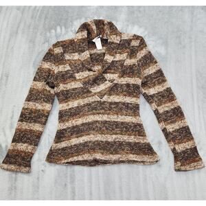 Vintage 90s Misope Striped Space Dye Shawl Collar V-Neck Sweater Size M Brown
